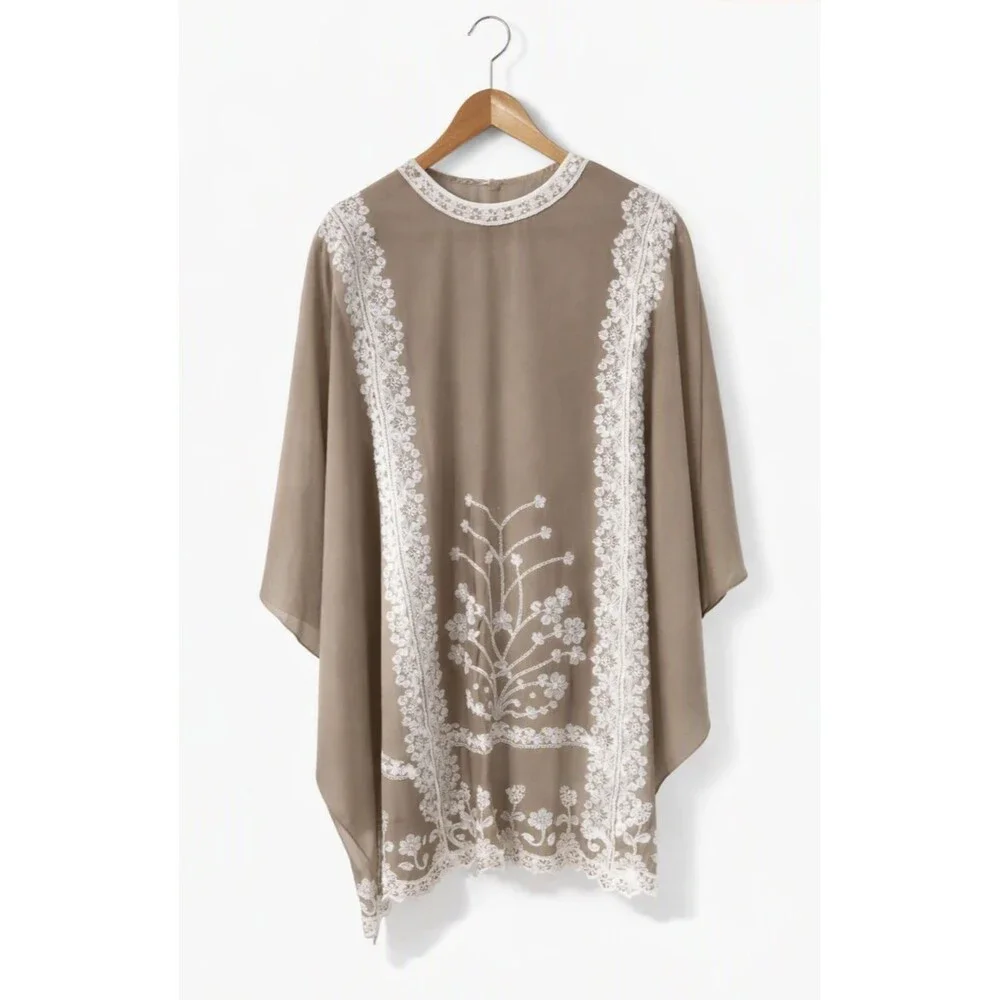 Rachel Women’s Oversized Embroidered Shawl Wrap – Taupe White Lace – NWT